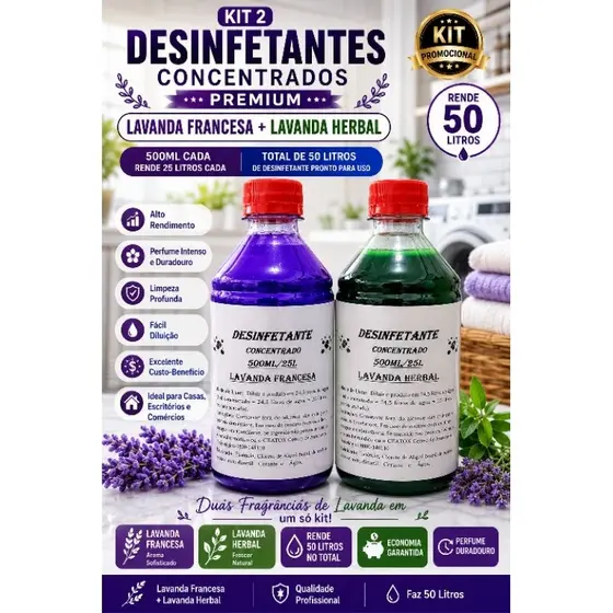 02 DESINFETANTE CONCENTRADO 500ML FAZ 25L CADA  MILLY ( LAVANDA FRANCESA  + LAVANDA HERBAL )