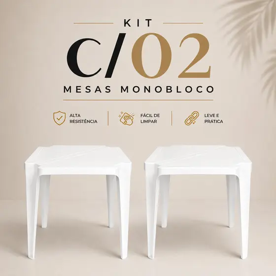 Kit com 2 Mesas Monobloco Plástica Reforçada Ideal para Casa e Jardim