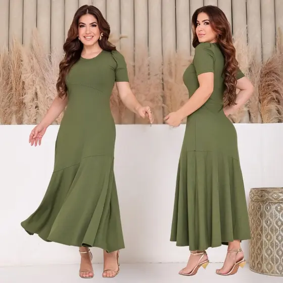 Vestido Longo Solto Com Babados e Mangas curtas algodão Feminino Elegante Casual e Solto Com Manga Curta Moda Evangelica