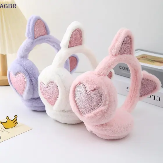 [AGBR] Protetores De Orelha Quentes De Inverno De Pelúcia Com Glitter Aquecedores De Gato Coração Pele Pendurada Capa De