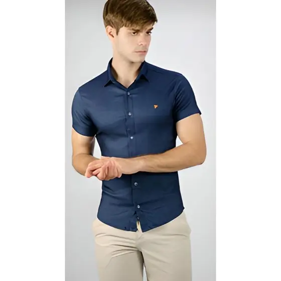 camisa jeans slim fit manga curta masculina