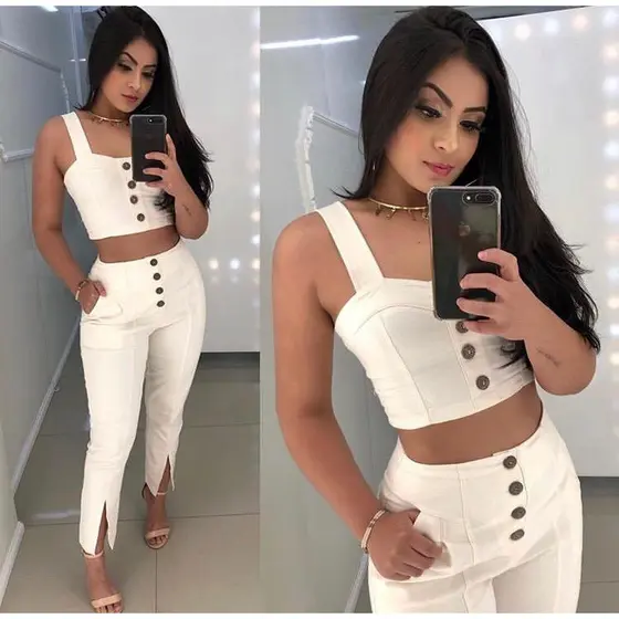 Conjunto Feminino Calça Com Fenda Top Cropped Com Bojo