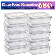 Kit de 6 até 12 Potes de Vidro 640ml - 370 ml Hermético Marmita Fit com Tampa 4 Travas Premium