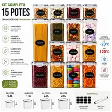 Kit 15 Potes Hermético Cadencia Mantimentos Quadrado Freezer Micro-ondas 22,4L Com Adesivos e Canetinha