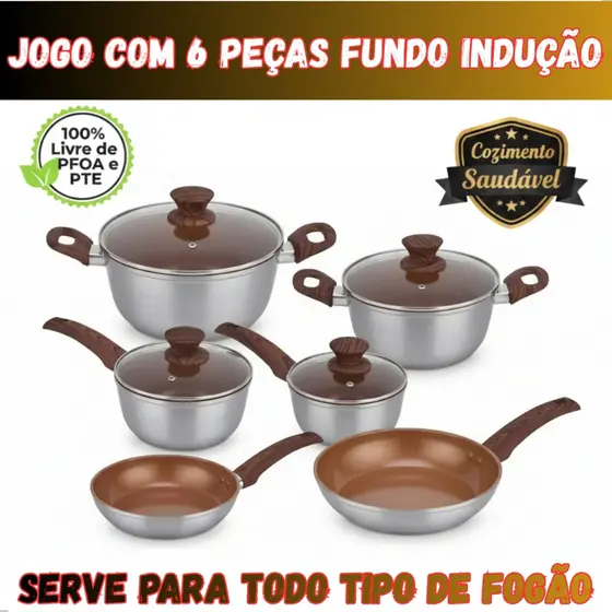 Jogo de Panelas Cerâmica Antiaderente Indução 6 Peças Alumínio Livre de PFOA e PTE