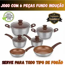 Jogo de Panelas Cerâmica Antiaderente Indução 6 Peças Alumínio Livre de PFOA e PTE