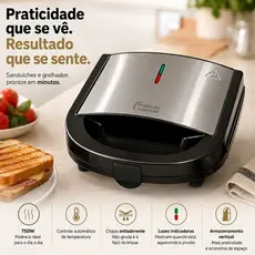 Sanduicheira Grill Elétrica 750W Antiaderente 2 Sanduíches Rápido 110V ou 220V Inox Termostato Automatico