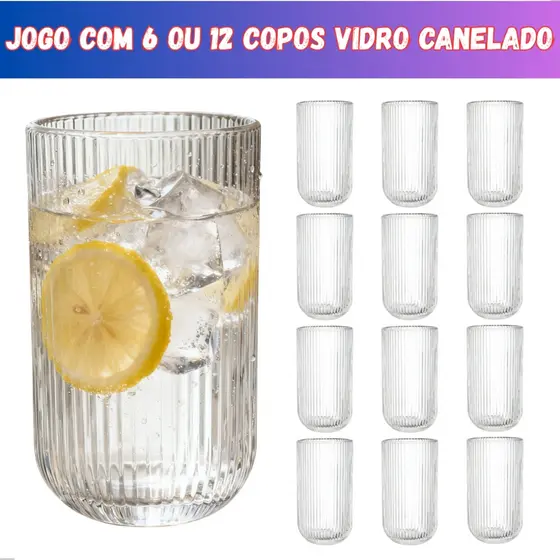 Jogo Kit 6 ou 12 Copos Vidro Canelado 450ml Grafiato - Design Elegante Resistente Suco Água Drinks