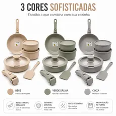 Jogo Panelas 12 Peças Antiaderente Diamond Ceramica Cabo Removível Indução Bege Cinza Verde Sem PTFE e PFOA