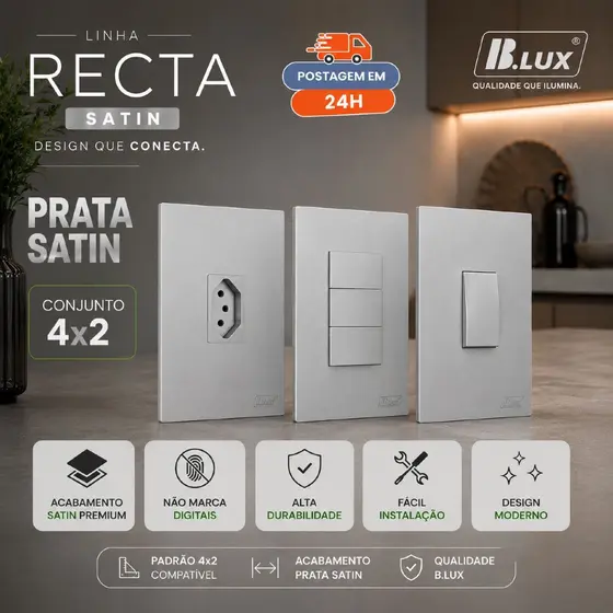 Tomada Prata Fosca 10A 20A 4x2 Recta Satin Blux Decoração Quarto Cinza Interruptor Simples Paralelo
