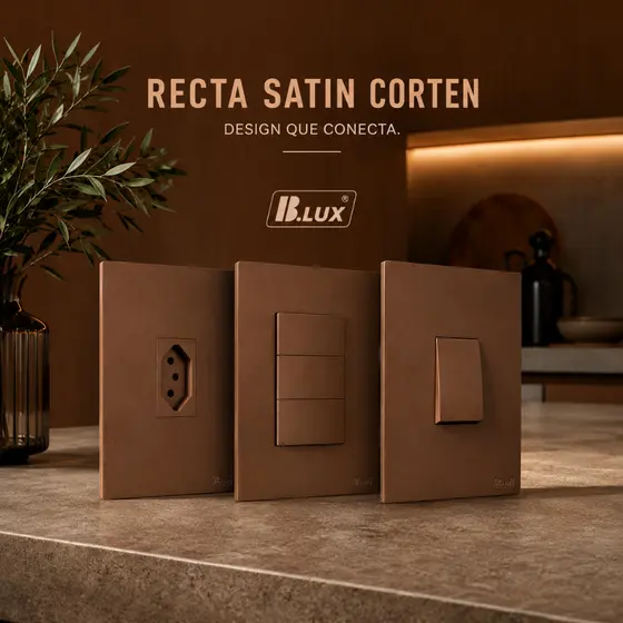 Interruptor Tomada Marrom Parede BLUX Recta Satin Corten Fosco 4x2 Design Elegante Bronze Acabamento Premium Moderno