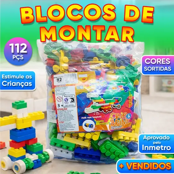 Blocos de Montar 112 peças Educativo Didático Presente Criança Infantil - Crie e Brink
