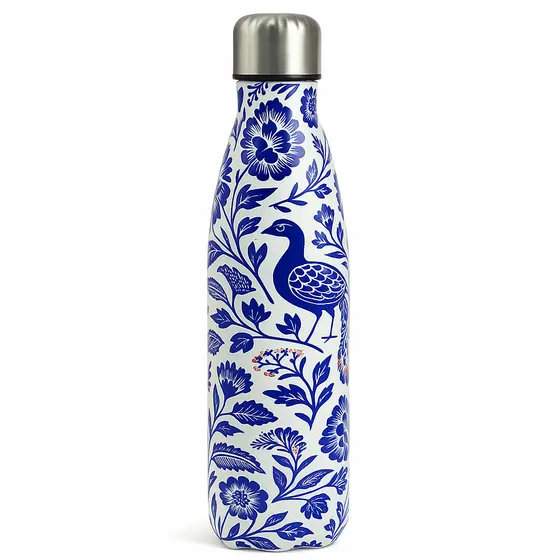 Garrafa Térmica 500ml Inox Estampa Azul Flores e Pássaro – Portátil e Elegante