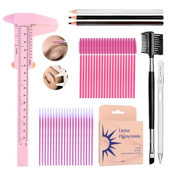 Kit Profissional Design de Sobrancelhas Linha Escovinha Lápis Caneta Pincel Duplo Palito Paquímetro