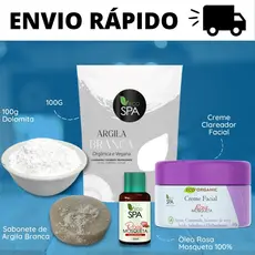 Kit Clareamento Argila Branca Rosa Mosqueta Sabonete de Argila Branca Creme Facial + Dolomita