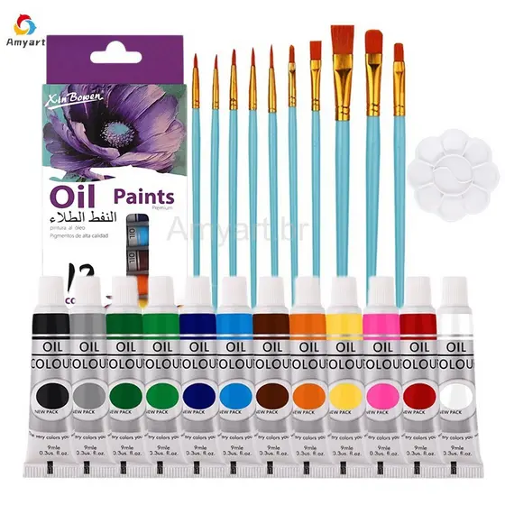 Tinta A Óleo Para Tela 12 Cores 9/12ml Kit Pintura Profissional Com Pincel E Paleta Para Iniciante Estudantes