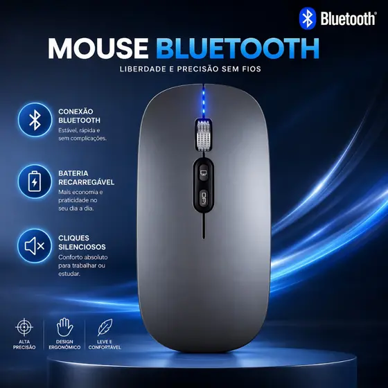 Mouse Bluetooth Recarregável para MacBook Dell Notebook Tablet e Celular Silencioso e Ergonômico