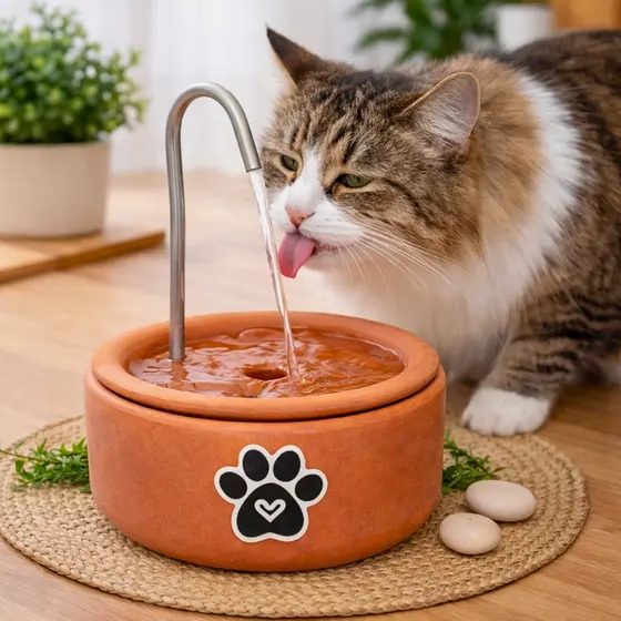 Bebedouro Fonte de Água Fresca para Gatos em Cerâmica de Barro Terracota Natural Rústica e Decorativa