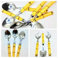 Jogo de Colher de Mesa em Inox 6 Peças Útil Bazar Cabo Plástico Estilo Bambu