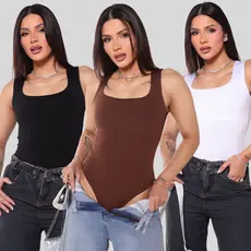 Kit 3 Body Feminino Alças Grossa Decote Quadrado Regata Básico Collant Casual