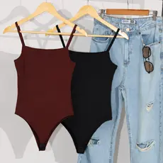 Kit 2 Body Feminino Alça Fina Decote Quadrado Com Forro Duplo Suplex Modelagem Ajustada Casual