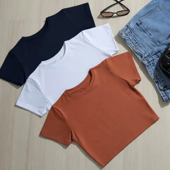 Kit 3 Cropped Feminino Blusinhas Curta Manga Baby Tee Suplex Básica