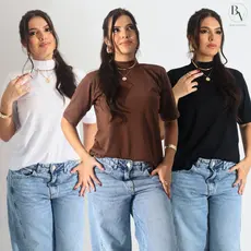 Kit 3 T-Shirt Feminina Blusa Gola Alta Camiseta 100% Algodão