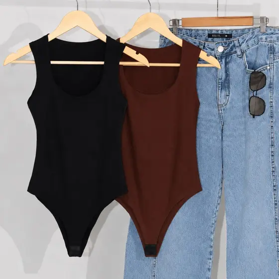 Kit 2 Body Collant Feminino Regata Decote Quadrado Com Forro Duplo Elegante Moda Casual