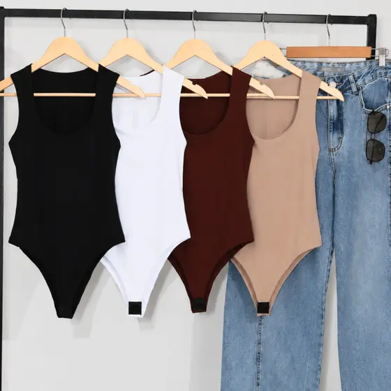 Kit 4 Body Collant Feminino Regata Decote Quadrado Com Forro Duplo Elegante Moda Casual