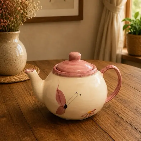 Bule de Cerâmica Chaleira Chá Café Linha Rosa Borboleta c/ Tampa 700ml