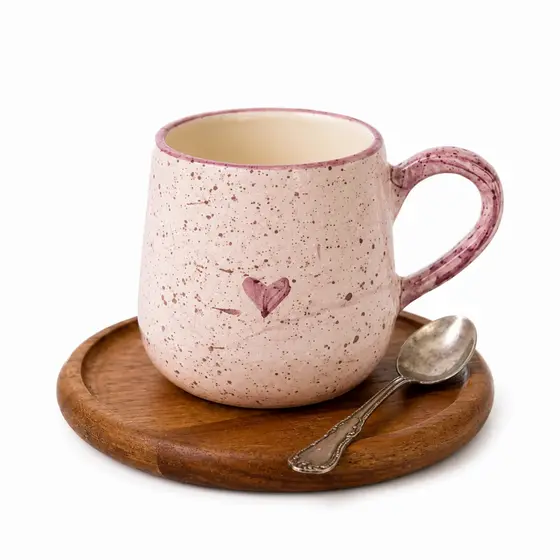 Caneca Média Rosa Coraçao Feito de Cerâmica 250ml Para Café