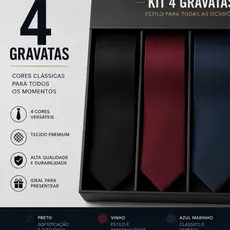 Kit 4 Gravatas Social Masculino Lisa Premium, Estilo Executivo Clássico Elegante Ideal Para Festas, Cerimônias, Ocasiões