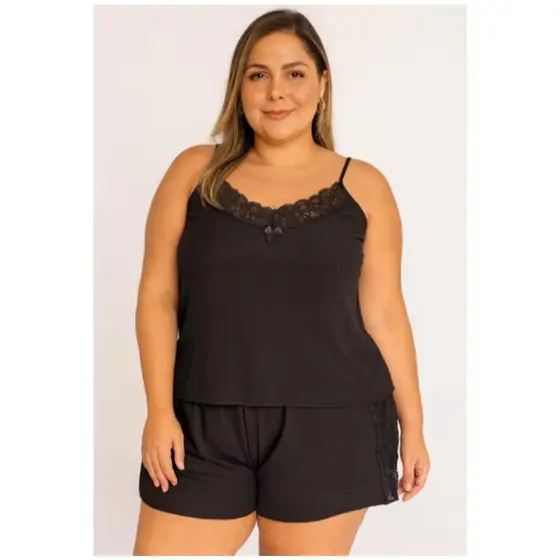Pijama Baby Doll Plus Size Feminino Canelado com Renda