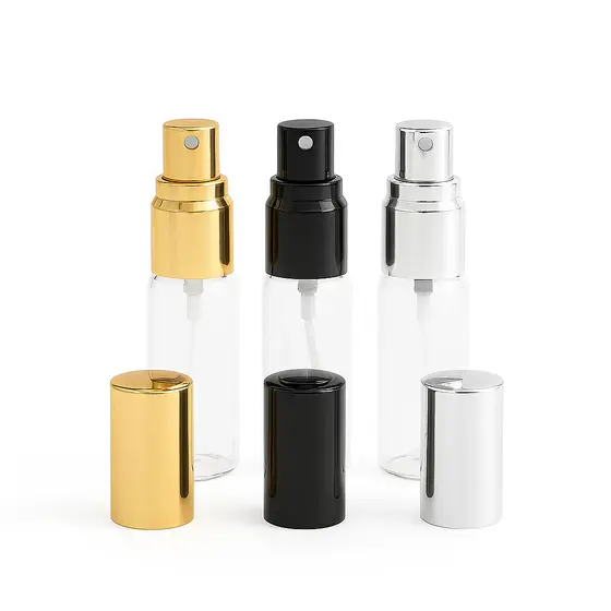 Kit 10 Fascos de vidro 5ml Cilíndrico Válvula spray Dourada ou Transparente para amostra de perfumes