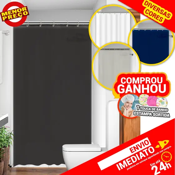 Cortina Para Box Banheiro Liso Com Gancho Tecido Impermeável Lavável e 100% Poliéster - Várias Cores