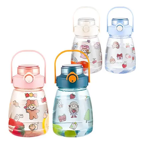 Garrafa Coreana 1.3 L Alça Lateral Adesivos Transparente Kawaii