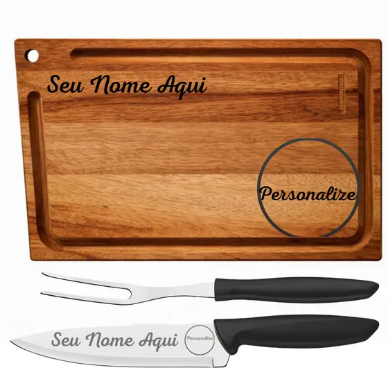Kit Churrasco Tramontina Personalizado Nome Time ou Logo - Tábua Garfo e Faca