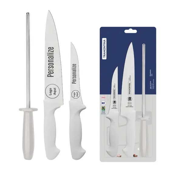 Facas Tramontina Premium Chef Para Carne Em Inox Personalizada Com Nome Logo - Cabo Branco