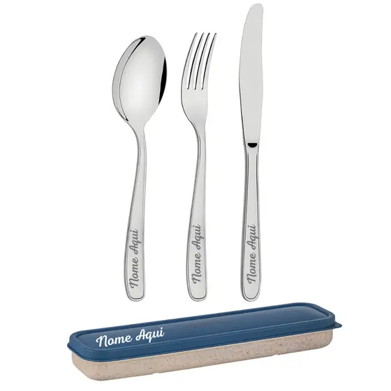Kit Estojo e Talheres Adulto com Garfo, Faca e Colher em Aço Inox – Personalizado a Laser