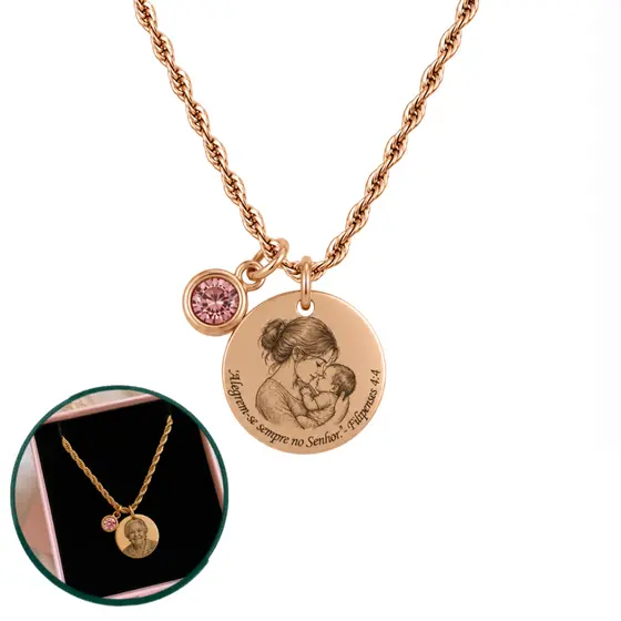 Colar Personalizado Foto Frase Banhado a Ouro com Pingente Pedra Colorida + Caixa Presente