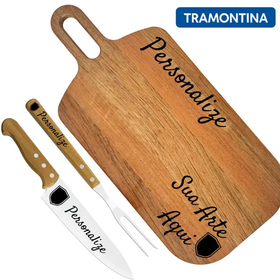 Kit Tramontina Tábua de Madeira Garfo e Faca para Churrasco Personalizado Nome Logo Time Presente