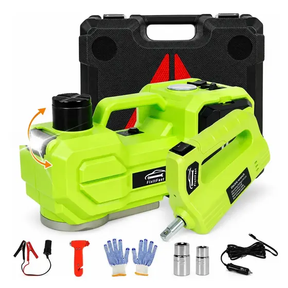 Kit Macaco Hidráulico Elétrico 12V 8 Toneladas 5 em 1 Chave Impacto 500Nm Inflador LED para Carro SUV Caminhonete Van