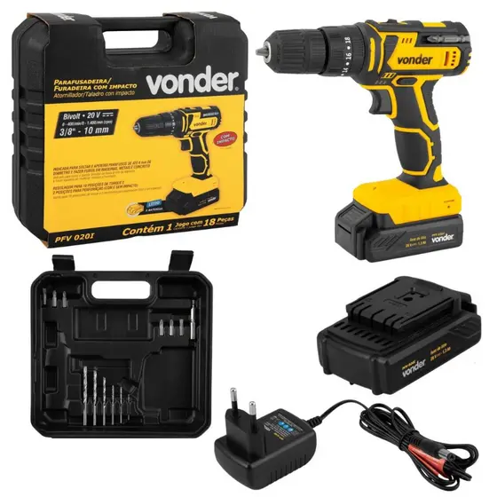 Parafusadeira Furadeira Com Impacto 2 Baterias 20V + carregador + Maleta + Acessórios PFV020I VONDER