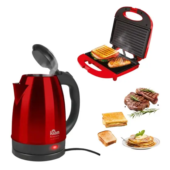 Kit Café da Manhã Chaleira Elétrica 1,8L e Sanduicheira e Grill Vermelha Kian