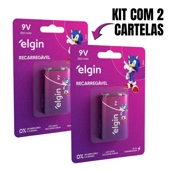 2 Cartelas de Bateria Recarregável 250mah 9V Blister 1 Unidade Elgin