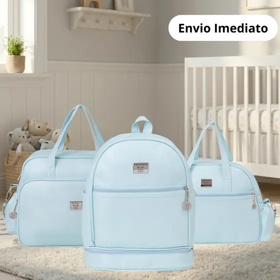 Kit Bolsas Maternidade 03 Peças Impermeável Essential Azul Perolado com Trocador Portátil Big Bag Baby