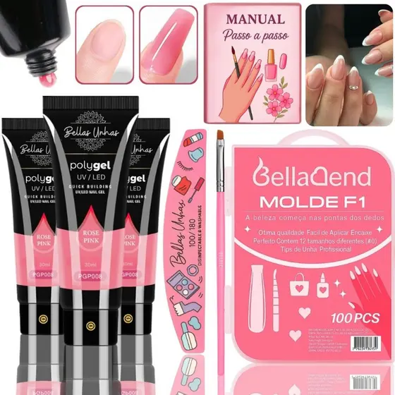 Kit Polygel Completo com 3 Poligel + Moldes F1+ Lixa + Pincel para Alongamento de Unhas Profissional