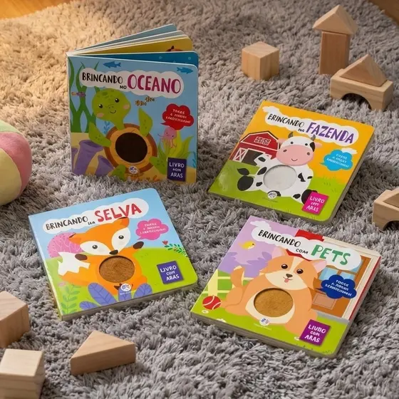 Kit Livros Sensoriais Toque e Descubra Oceano Selva Dinossauros Fazenda Toque e Sinta Infantil