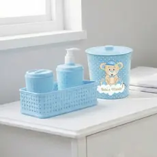 Porta Algodão 3 Peças Higiene Bebê + Lixeira Ursinho 3L Azul Menino