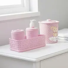 Kit Porta Algodão 3 Peças Higiene Bebê + Lixeira Ursinho 3L Rosa